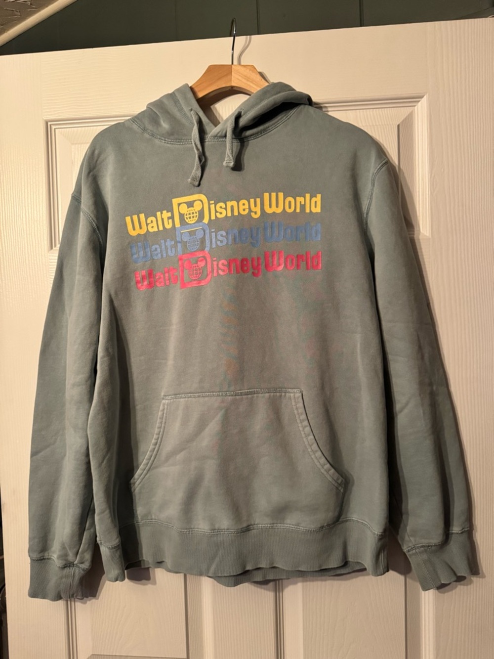 Disney Men's Crewneck Hoodie in Sage Green with Multicolor Logo